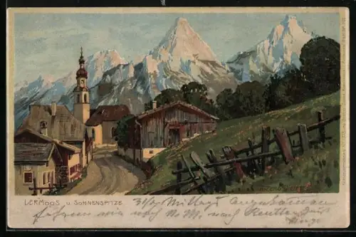 Künstler-AK Zeno Diemer: Lermoos, Ortsansicht m. Kirche & Blick auf die Sonnenspitze