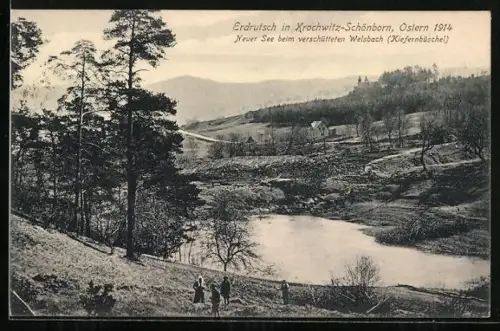 AK Krochwitz-Schönborn, Erdrutsch Ostern 1914, See beim verschütteten Welsbach
