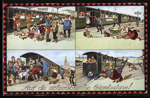 Künstler-AK Hans Boettcher: Auf de schwäbische Eisebahne! Schaffner & Kinderwagen