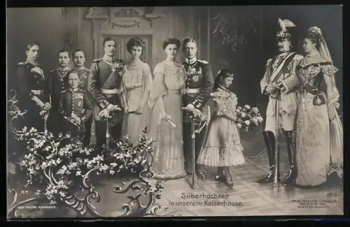 AK Silberhochzeit im Kaiserhause, Kaiser Wilhelm II. als Garde du Corps, Kronprinz Wilhelm von Preussen mit Cecilie