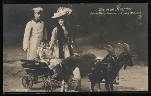 AK Die erste Ausfahrt, Kronprinzenpaar und Ziegengespann mit Prinz Wilhelm