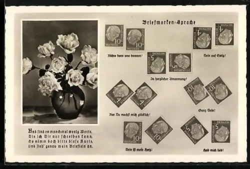 AK Briefmarkensprache, Rosen in einer Vase, Dein auf Ewig, Ganz dein