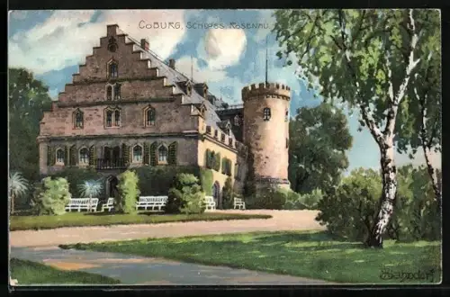 Künstler-AK H.Bahndorf: Coburg, Schloss Rosenau, Ansicht vom Garten her