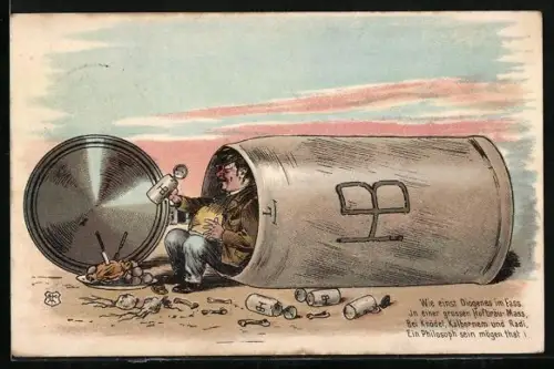 AK Betrunkener hockt mit Massbier und Hähnchenteller im grossen Massbierkrug