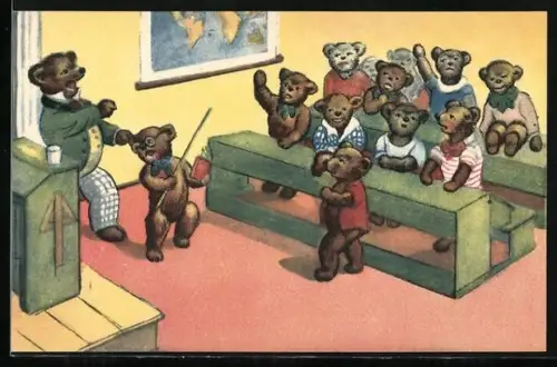 AK Lehrer zieht ein Bärenkind vor der Klasse am Ohr