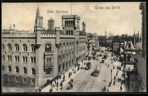 AK Berlin, Strassenbahnen an der Städtischen Sparkasse