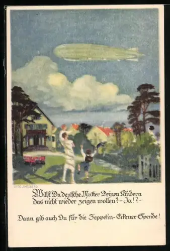 Künstler-AK Otto Amtsberg: Zeppelin-Erkener-Spende, Familie winkt einem Luftschiff
