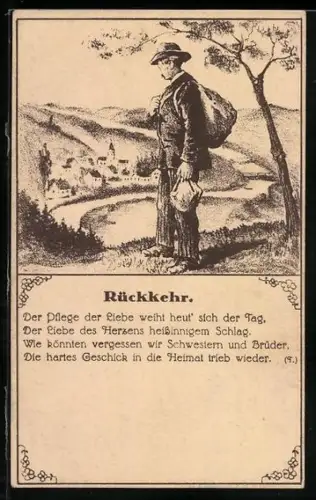 AK Rückkehr, Der Pflege der Liebe weiht heut` sich der Tag..., Flüchtling schaut auf den Ort herunter