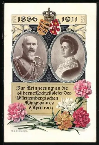 AK Silberne Hochzeit des Württembergischen Königspaares, 8. April 1911, Bunte Nelken, Wappen, Krone