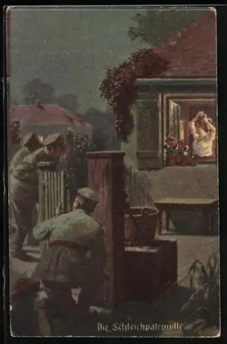 Künstler-AK Arthur Thiele unsign.: Die Schleichpatrouille, Soldaten schauen bei einer Frau durchs Fenster