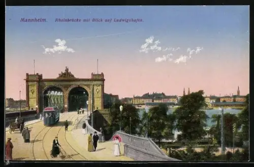 AK Mannheim, Rheinbrücke mit Strassenbahn