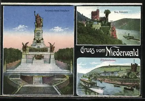 AK Niederwald, Nationaldenkmal, Burg Rheinstein, Rüdesheim mit Dampfer