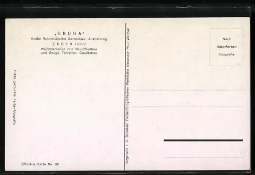 AK Essen, Grosse Ruhrländische Gartenbau-Ausstellung GRUGA 1929, Wasserterrassen mit Hauptfontäne