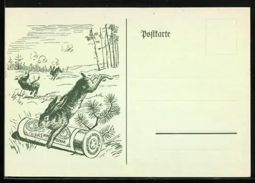 AK Kaninchen flüchten vor einem Jäger, Waidmanns Heil