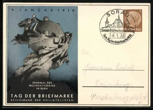 AK Tag der Briefmarke, 9. Januar 1938, Denkmal des Weltpostvereins in Bern