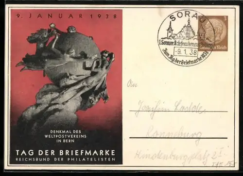 AK Tag der Briefmarke, 9. Januar 1938, Denkmal des Weltpostvereins in Bern