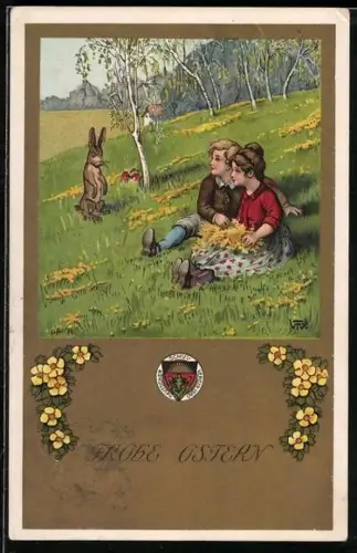 Lithographie Deutscher Schulverein Nr. 157: Frohe Ostern, Kinder mit Osterhasem auf der Wiese