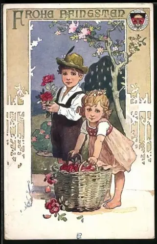 AK Deutscher Schulverein Nr.:72, Frohe Pfingsten, zwei Kinder mit gesammelten Pfingstrosen