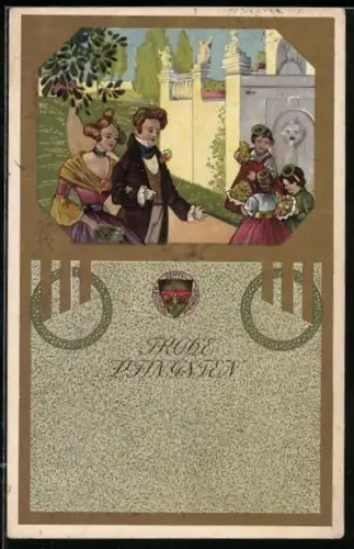 AK Deutscher Schulverein, Frohe Pfingsten!, Liebespaar und Kinder flanieren im Park