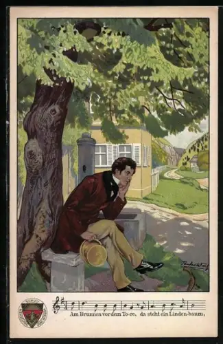 Lithographie Deutscher Schulverein: Am Brunnen vor dem Tore...