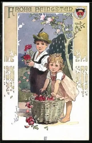 AK Deutscher Schulverein Nr.:72, Frohe Pfingsten, zwei Kinder mit gesammelten Pfingstrosen