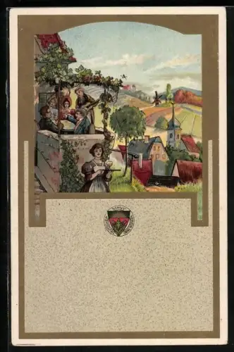 Lithographie Deutscher Schulverein: Gesellschaft trinkt Wein auf der Gasthausterrasse