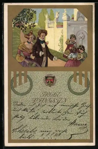 AK Deutscher Schulverein, Frohe Pfingsten!, Liebespaar und Kinder flanieren im Park