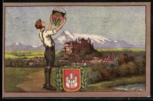 Künstler-AK Salzburg, Gesamtansicht der Stadt, Wappen, Emblem des Deutschen Schul-Verein 1880, Deutscher Schulverein