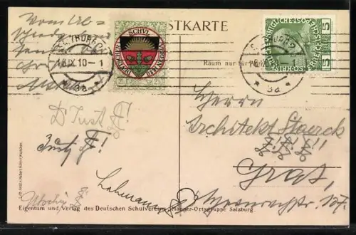 Künstler-AK Salzburg, Gesamtansicht der Stadt, Wappen, Emblem des Deutschen Schul-Verein 1880, Deutscher Schulverein