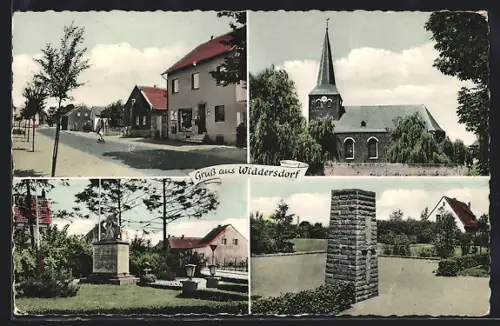 AK Köln-Widdersdorf, Kirche, Denkmal, Kriegsmahnmal und Strassenpartie mit Wohnhäusern