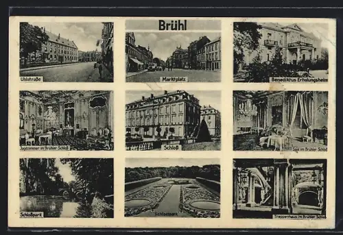 AK Brühl / Rheinl., Uhlstrasse, Marktplatz, Schloss mit Innenansichten, Schlosspark, Benedictus-Erholungsheim