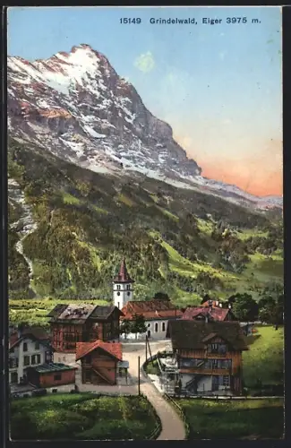 AK Grindelwald, Strassenpartie mit Kirche, Eiger