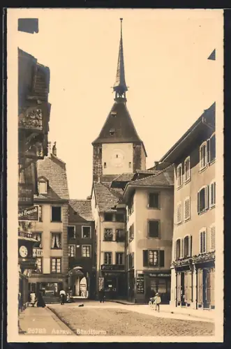 AK Aarau, Strassenpartie am Stadtturm mit Geschäften