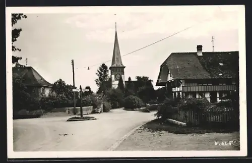 AK Wohlen /BE, Strassenpartie mit Kirche