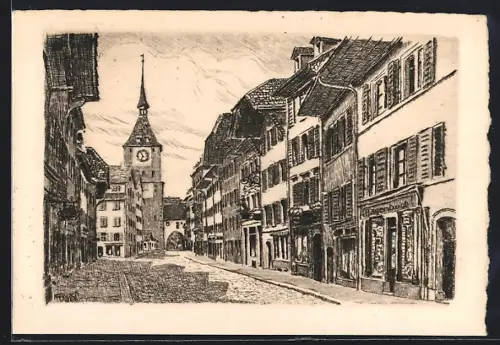 Künstler-AK Aarau, Strassenpartie am Tor mit Geschäft Hagenbuch