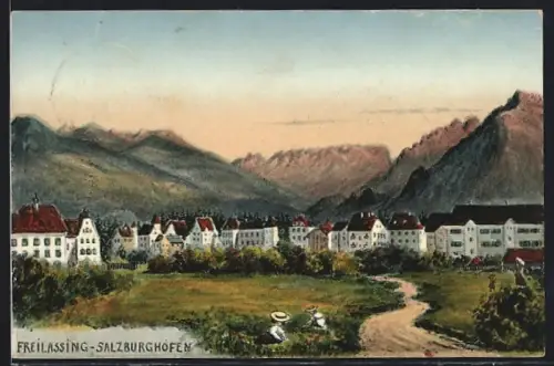 Künstler-AK Freilassing-Salzburghofen, Ortsansicht mit Bergpanorama