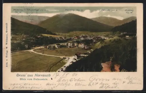 AK Herrenalb, Blick vom Falkenstein auf den Ort mit Wurstberg, Teufelsmühle und Maienberg