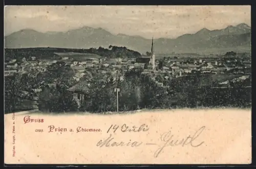 AK Prien a. Chiemsee, Panorama mit Berghintergrund