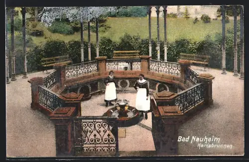 AK Bad Nauheim, Karlsbrunnen mit Bediensteten