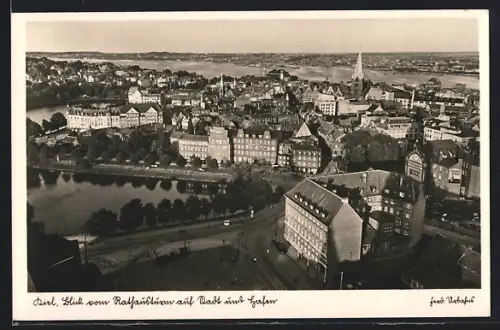 AK Kiel, Blick vom Rathausturm auf Stadt und Hafen