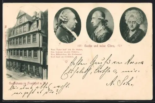 AK Frankfurt, Portrait von Goethe und seinen Eltern, Goethehaus, Kurzes Gedicht