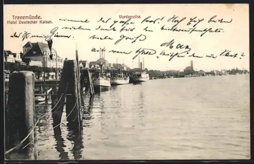 AK Travemünde, Hotel Deutscher Kaiser und Vorderreihe vom Wasser aus