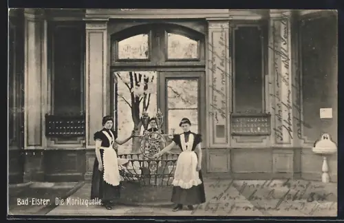 AK Bad Elster, Die Moritzquelle mit Bediensteten