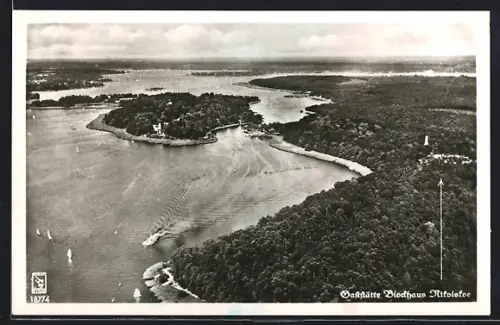 AK Nikolskoe, Havel und Grunewald aus der Vogelschau, Gasthaus Blockhaus