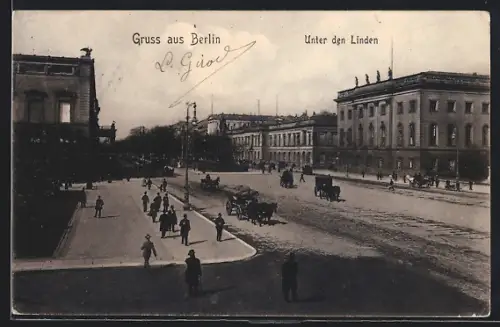 AK Berlin, Unter den Linden mit Kutschen und Passanten