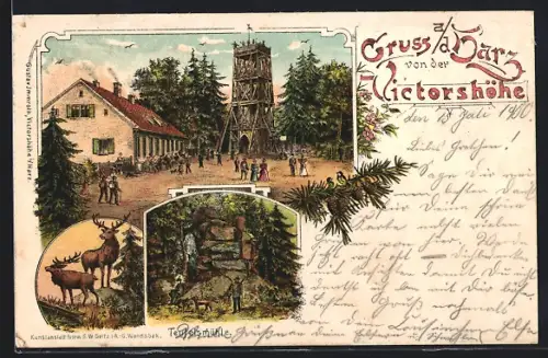 Lithographie Gernrode / Harz, Victorshöhe, Teufelsmühle, Hirsche, Vögel auf einem Zweig