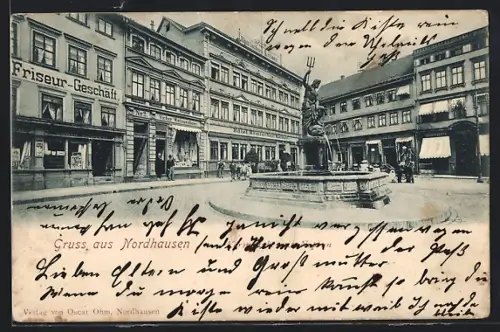 AK Nordhausen, Kornmarkt mit Neptunbrunnen, Friseur Louis Arpert, Hotel Römischer Kaiser