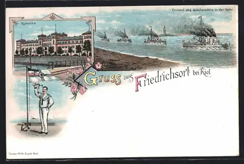 Lithographie Friedrichsort bei Kiel, Kaserne, Einfahrt des Geschwaders in den Hafen, Matrose mit Flagge