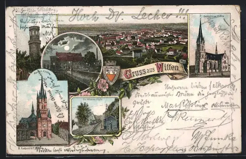 Lithographie Witten, Ortspanorama, Helenen-Thurm, Marien-Kirche, Gedächtniss-Kirche