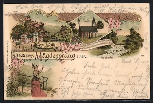 Lithographie Harzgerode-Mägdesprung / Harz, Hotel Mägdesprung, Wasserfall, Schutzhütte